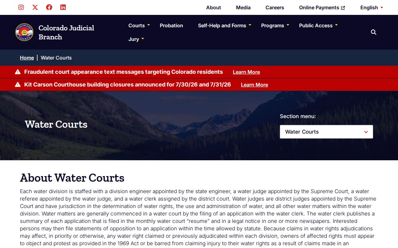 Costilla County court records Colorado Judicial water courts overview