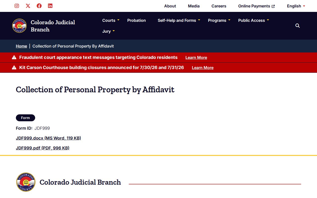 Costilla County court records JDF 999 small estate affidavit source