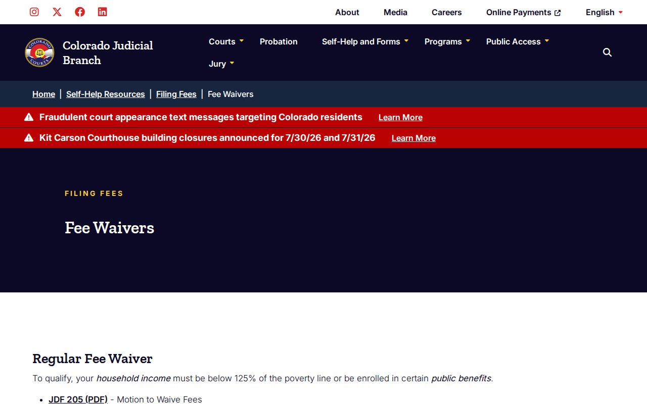 Costilla County Court fee waiver information
