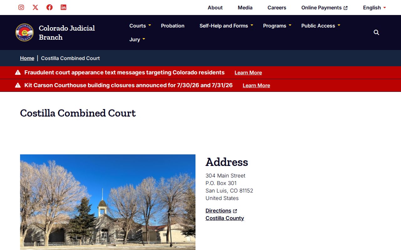 Costilla County Court location and clerk contact