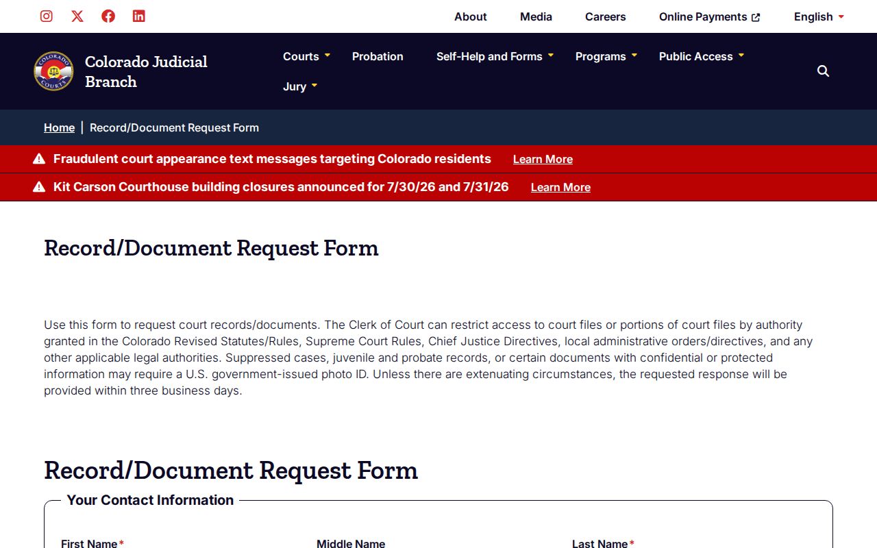 Costilla County Court record document request form