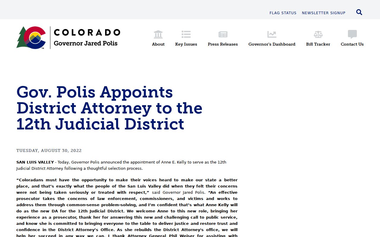 Costilla County inmate records Colorado Governor appointment source for 12th Judicial District Attorney